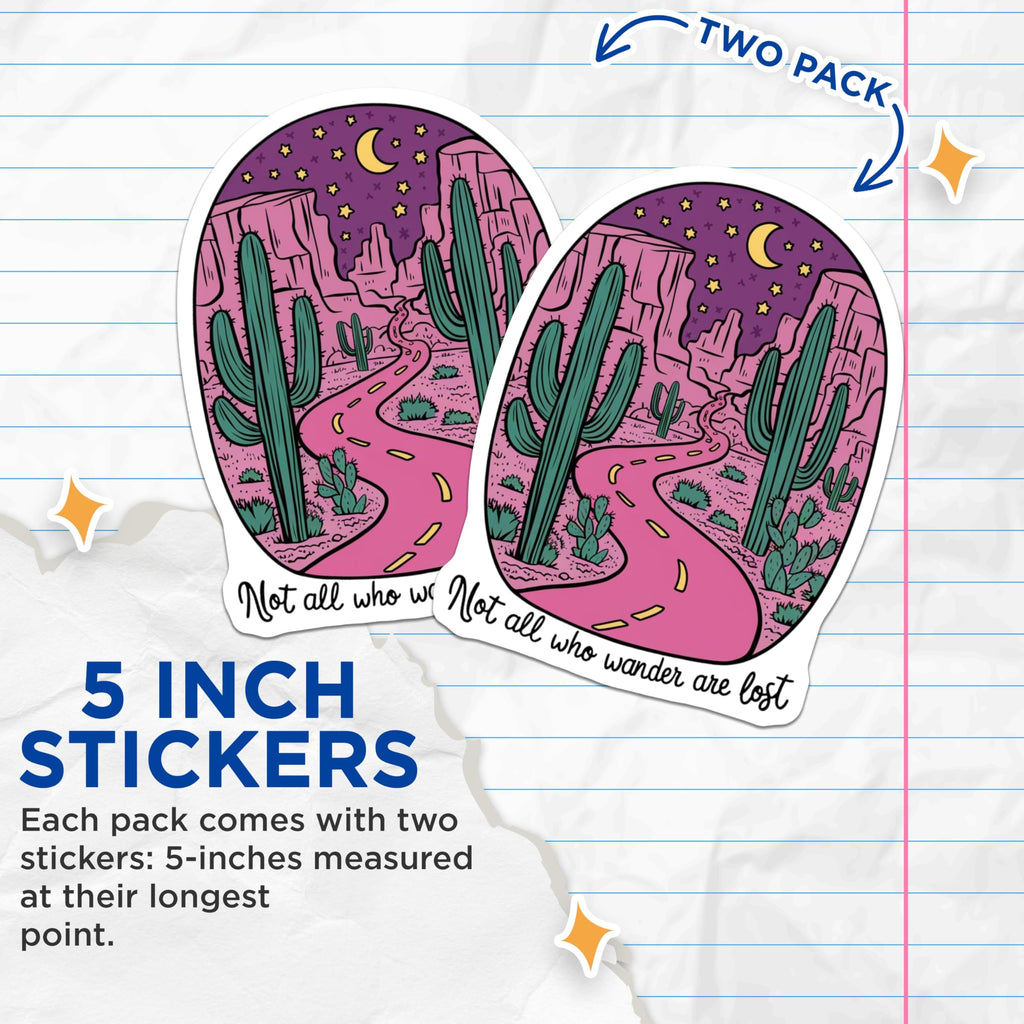 (2 Pack) Wanderlust Stickers - Cactus Desert Road Stickers - Inspirational Travel Quote Stickers - 5" On Longest Side - Sticks to Smooth Flat Surfaces - Made in USA - BMCS4065