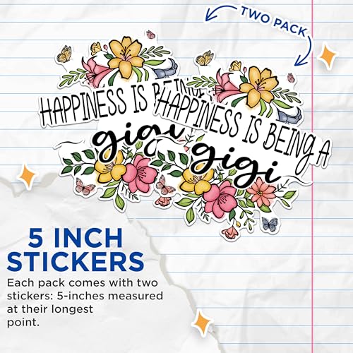 (2 Pack) Happiness is Being A Gigi Stickers - Floral Quote Stickers - Grandma Appreciation Stickers - 5" On Longest Side - Sticks to Any Smooth Flat Surface - Made in USA - BMCS2945