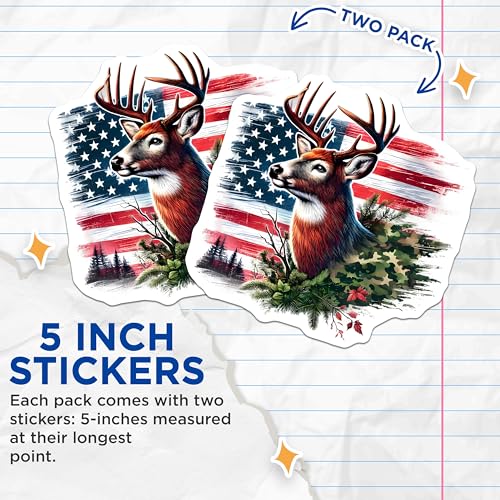 (2 Pack) Deer Head Stickers - American Flag Background - Camouflage Wildlife Art - 5" On Longest Side - Sticks to Smooth Flat Surfaces - Made in USA - BMCS9830