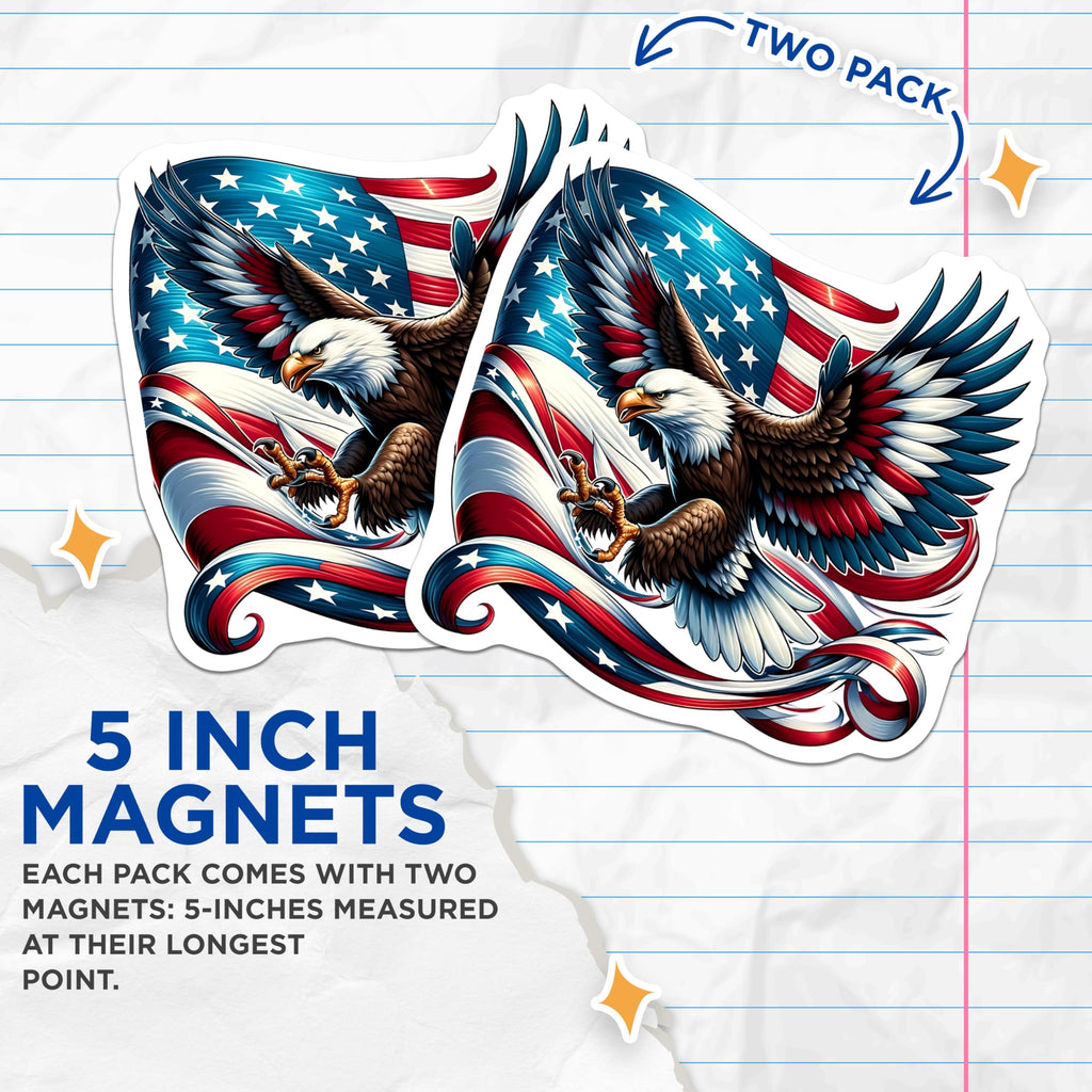 (2 Pack) Eagle American Flag Magnets - Patriotic Decor - USA Pride Magnets - 5" On Longest Side - Premium Magnet - for Cars, Refrigerators, Toolboxes, Lockers - Made in USA - MAG14876