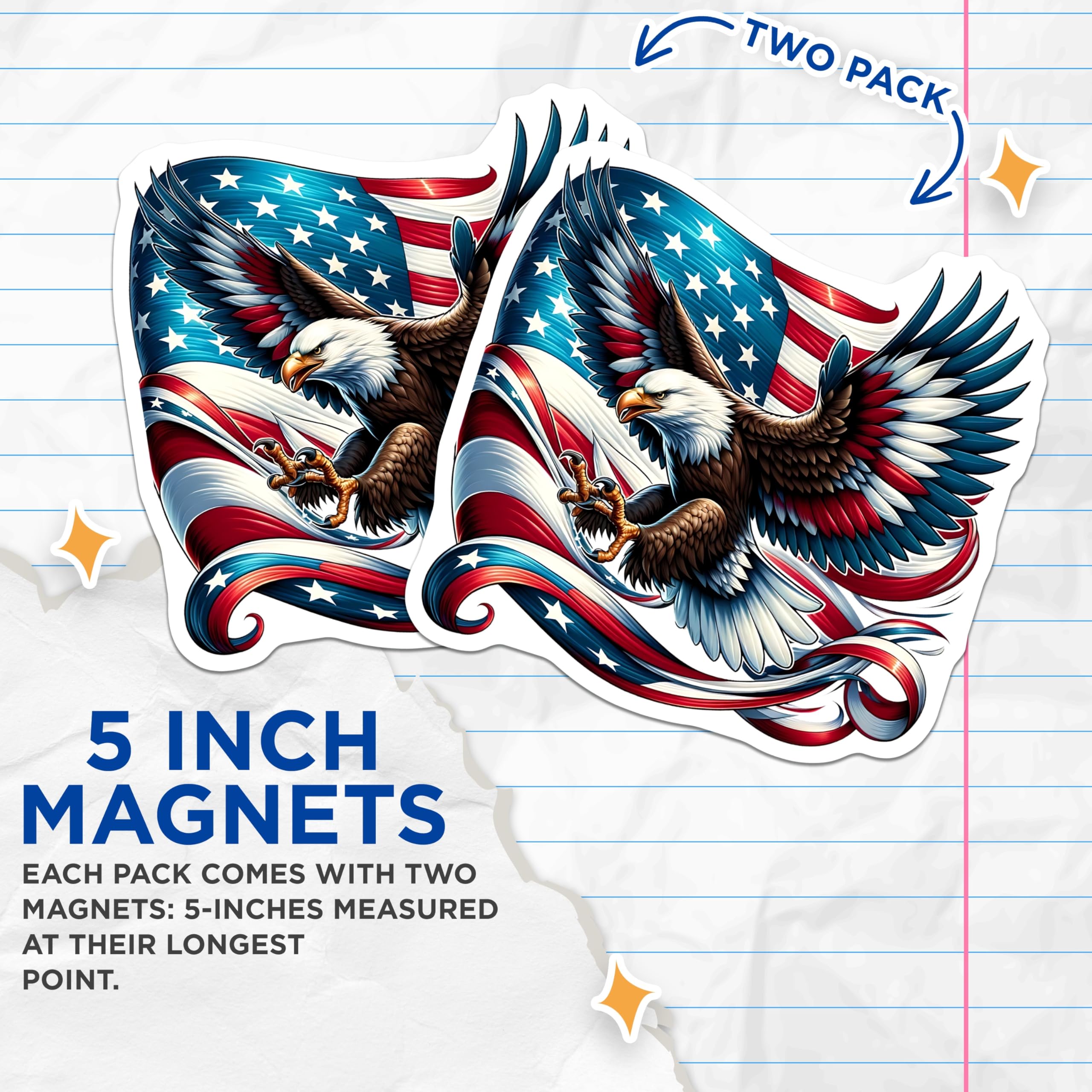 (2 Pack) Eagle American Flag Magnets - Patriotic Decor - USA Pride Magnets - 5" On Longest Side - Premium Magnet - for Cars, Refrigerators, Toolboxes, Lockers - Made in USA - MAG14876