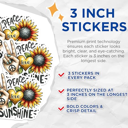 (3 Pack) Peace Love Sunshine Decals - Sunflower Sticker - Hippie Laptop Decal - 3 Inches On Longest Side - Easy Peel & Apply - Made in USA - 3MCS6738