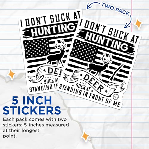 (2 Pack) Funny Hunting Stickers - Deer Hunting Decal - Outdoor Adventure Stickers for Hunters - 5" On Longest Side - Sticks to Smooth Flat Surfaces - Made in USA - BMCS4093