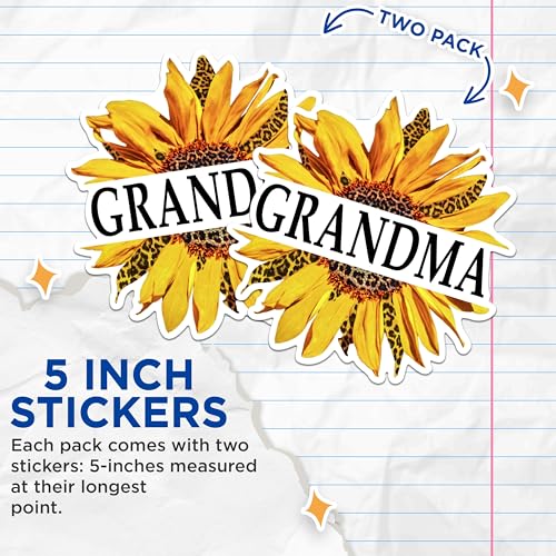 (2 Pack) Grandma Sunflower Stickers - Yellow Sunflower Decals - Floral Grandma Stickers - 5" On Longest Side - Sticks to Any Smooth Flat Surface - Made in USA - BMCS2949