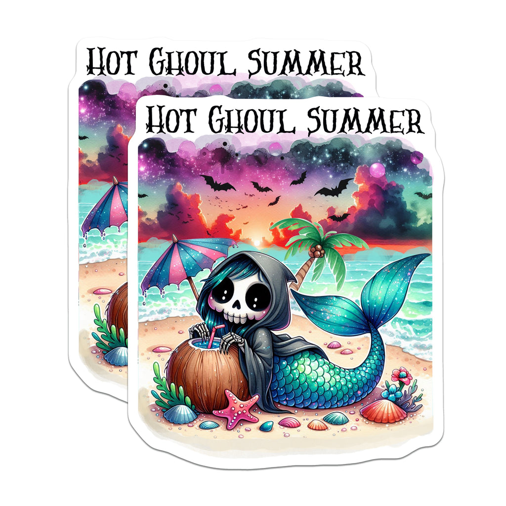 (2 Pack) Hot Ghoul Summer Magnets - Spooky Cute Mermaid Skeleton - Pastel Goth Halloween Beach Decor - 5 Inches On Longest Side - Thick Durable Magnet - Made in USA - MAG38247