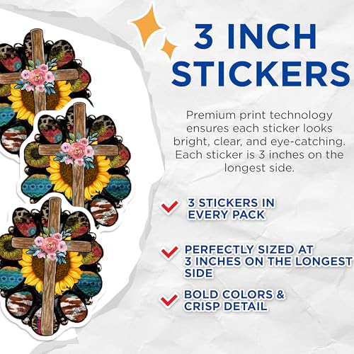 (3 Pack) Sunflower Cross Decals - Western Floral - Christian Laptop Decal - 3 Inches On Longest Side - Easy Peel & Apply - Made in USA - 3MCS4791