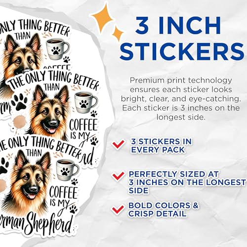 (3 Pack) German Shepherd Decals - Coffee Lover Gift - Dog Mom Laptop Decal - 3 Inches On Longest Side - Easy Peel & Apply - Made in USA - 3MCS1258