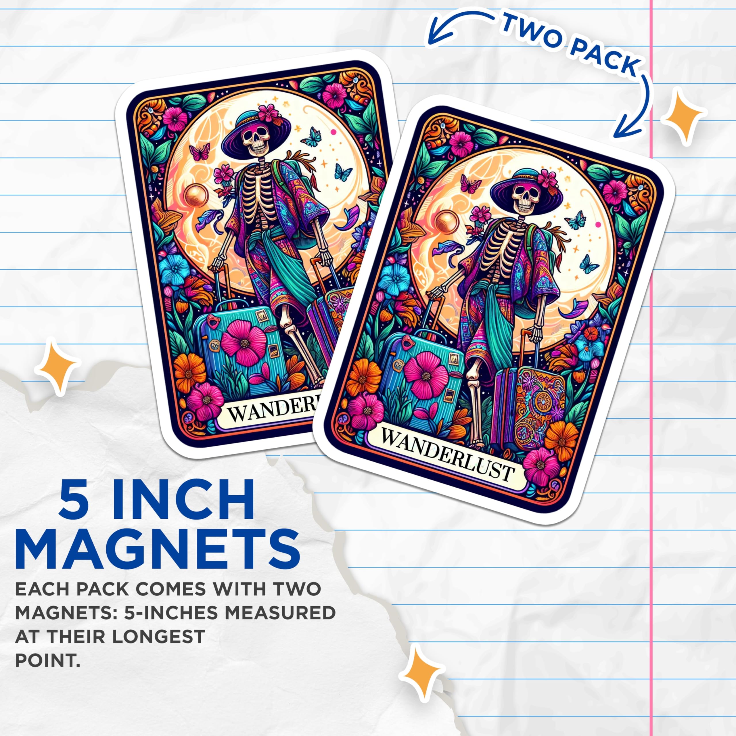 (2 Pack) Wanderlust Skeleton Magnets - Bohemian Traveler Decor - Colorful Folk Art Fridge - 5 Inches On Longest Side - Thick Durable Magnet - Made in USA - MAG29075