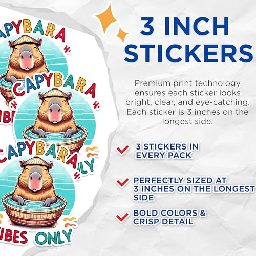 (3 Pack) Capybara Decals - Vibes Only - Laptop Decals - 3 Inches On Longest Side - Easy Peel & Apply - Made in USA - 3MCS1495