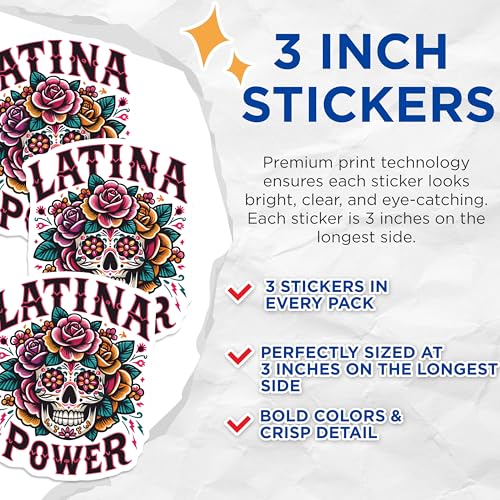 (3 Pack) Latina Power Decals - Sugar Skull Art - Laptop Decals - 3 Inches On Longest Side - Easy Peel & Apply - Made in USA - 3MCS4347