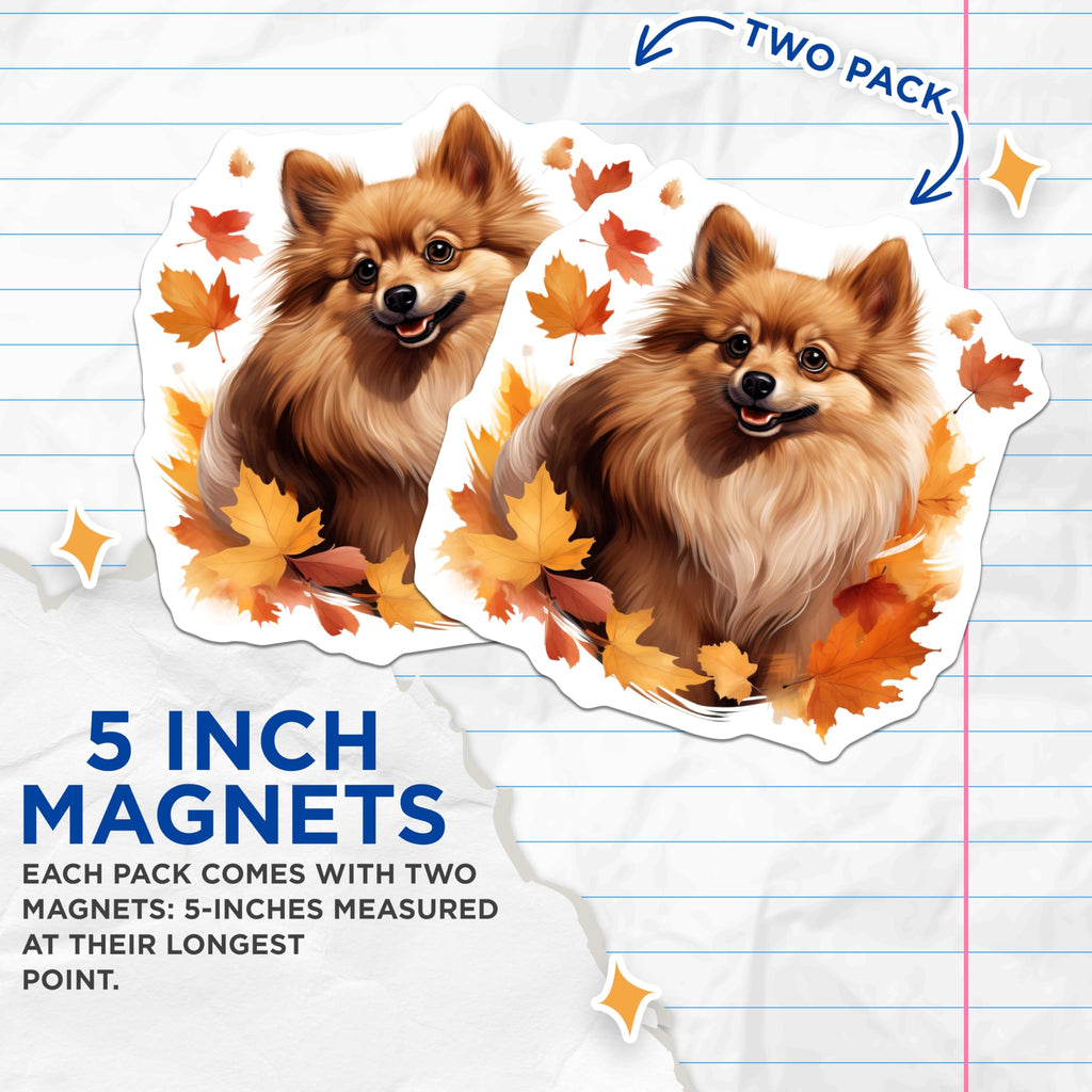 (2 Pack) Pomeranian Dog Magnets - Autumn Leaves Pet Decor - Happy Dog Art - Seasonal Refrigerator Accents - 5 Inches On Longest Side - Thick Durable Magnet - Made in USA - MAG23444