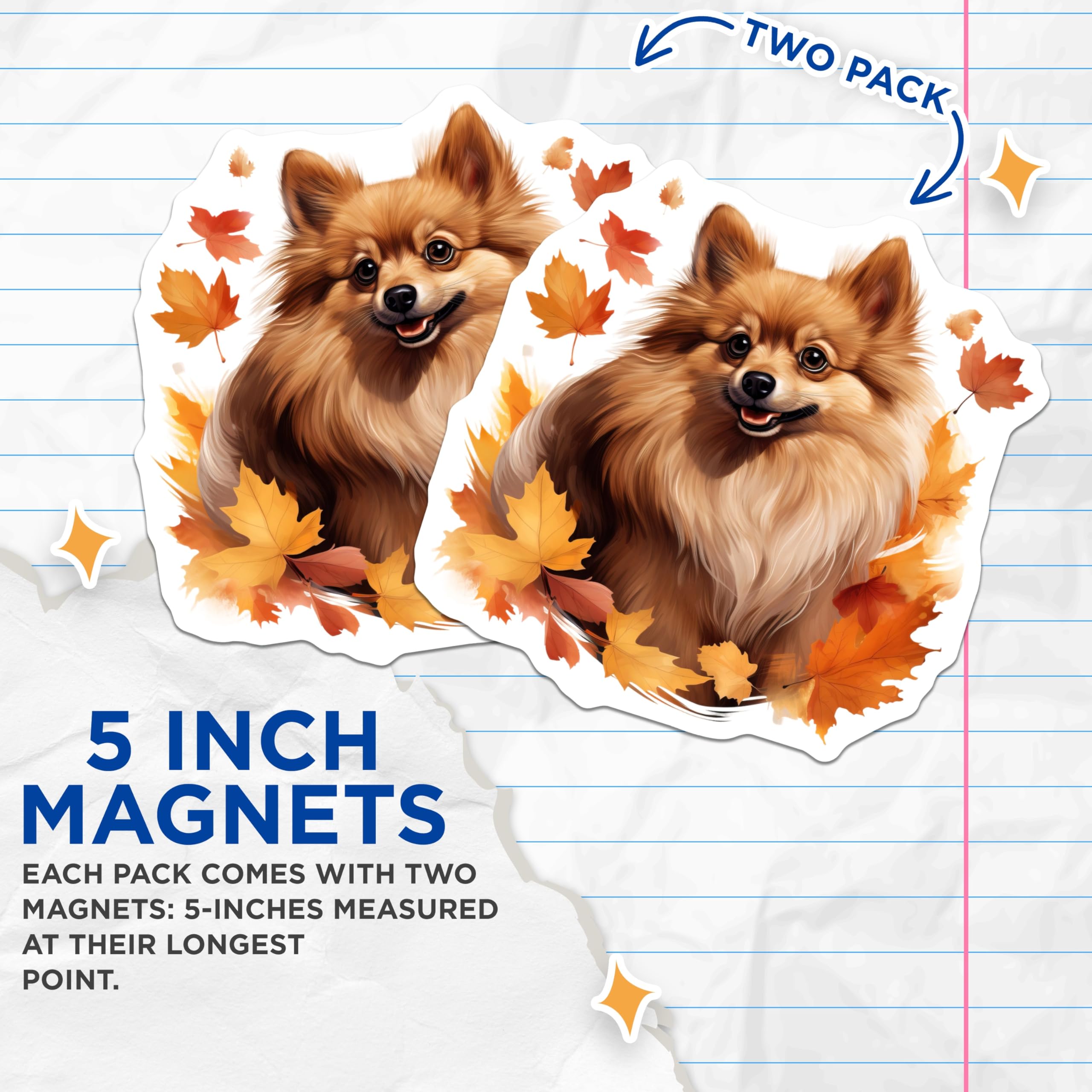 (2 Pack) Pomeranian Dog Magnets - Autumn Leaves Pet Decor - Happy Dog Art - Seasonal Refrigerator Accents - 5 Inches On Longest Side - Thick Durable Magnet - Made in USA - MAG23444