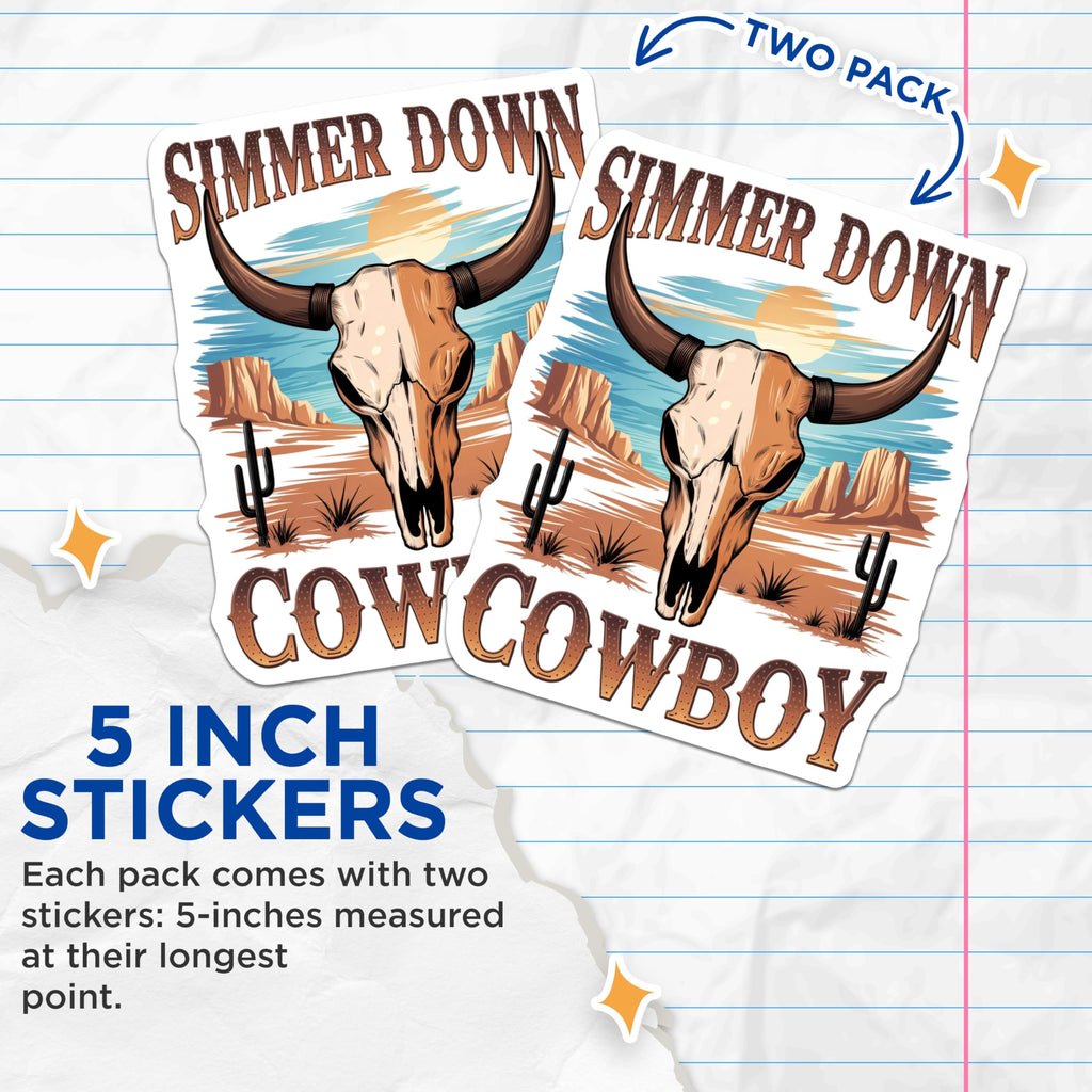 (2 Pack) Simmer Down Cowboy Stickers - Western Longhorn Skull - Desert Landscape Decor - 5" On Longest Side - Sticks to Smooth Flat Surfaces - Made in USA - BMCS21789
