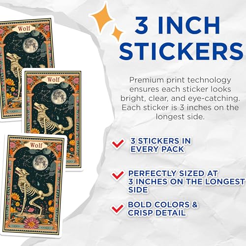 (3 Pack) Wolf Decals - Skeleton Dog - Floral Moon Design - 3 Inches On Longest Side - Easy Peel & Apply - Made in USA - 3MCS2434