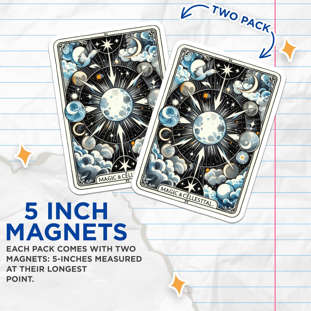 (2 Pack) Celestial Art Magnets - Moon Phases Decor - Magic Celestial Illustrations - 5" On Longest Side - Premium Magnet - for Cars, Refrigerators, Toolboxes, Lockers - Made in USA - MAG14899