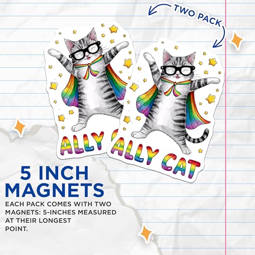 (2 Pack) Fun Pride Decor Magnet - LGBTQ+ Support - Rainbow Cat - Cute Refrigerator Decoration - 5" On Longest Side - Sticks to Smooth Flat Surfaces - Made in USA - MAG9556
