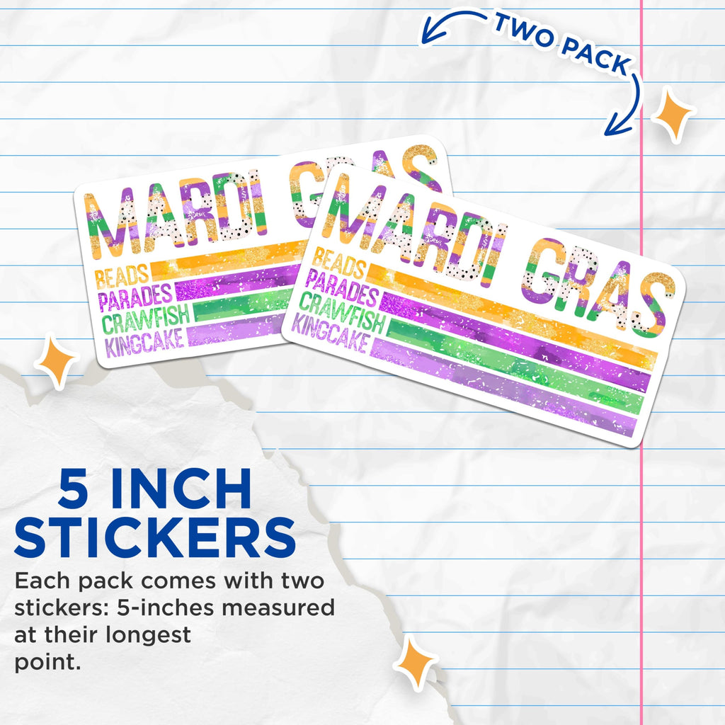 (2 Pack) Mardi Gras Stickers - Beads Parades Crawfish Kingcake - Festive New Orleans Decor - 5" On Longest Side - Sticks to Smooth Flat Surfaces - Made in USA - BMCS6386