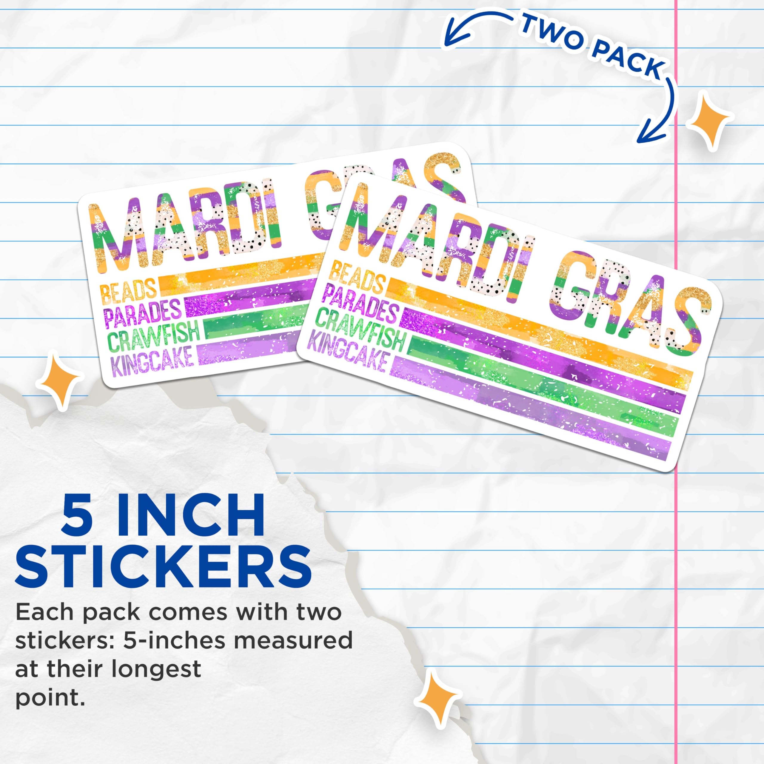 (2 Pack) Mardi Gras Stickers - Beads Parades Crawfish Kingcake - Festive New Orleans Decor - 5" On Longest Side - Sticks to Smooth Flat Surfaces - Made in USA - BMCS6386