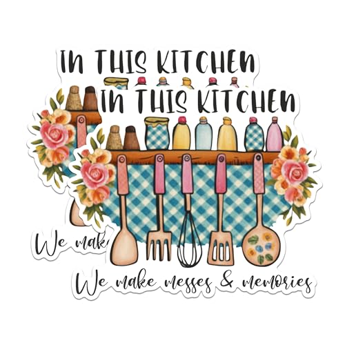 (2 Pack) Kitchen Stickers - We Make Messes and Memories Stickers - Cooking Utensils Stickers - 5" On Longest Side - Sticks to Any Smooth Flat Surface - Made in USA - BMCS2983