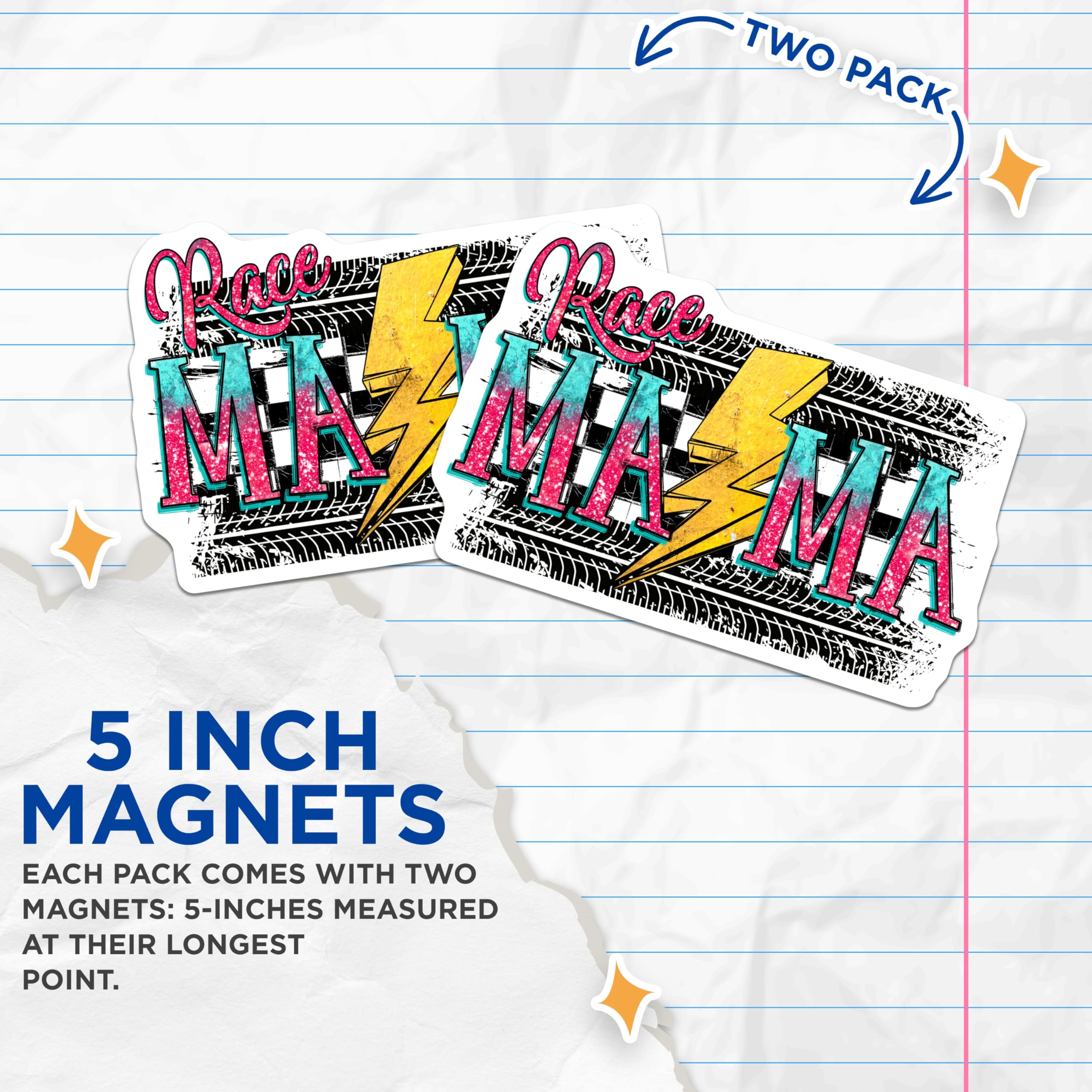 (2 Pack) Race Mama Magnets - Motorsports Mom Decor - Racing Fan Accessories - Lightning Bolt Theme - Speed Enthusiast - 5 Inches On Longest Side - Thick Durable Magnet - Made in USA - MAG24081