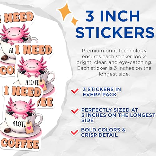 (3 Pack) Axolotl Coffee Decals - Cute Axolotl - Coffee Lover Decals - 3 Inches On Longest Side - Easy Peel & Apply - Made in USA - 3MCS2061