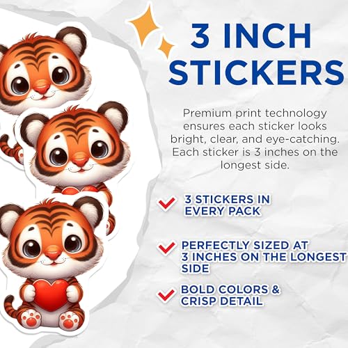 (3 Pack) Tiger Decals - Cute Animal Stickers - Heart Clipart Decal - 3 Inches On Longest Side - Easy Peel & Apply - Made in USA - 3MCS2474