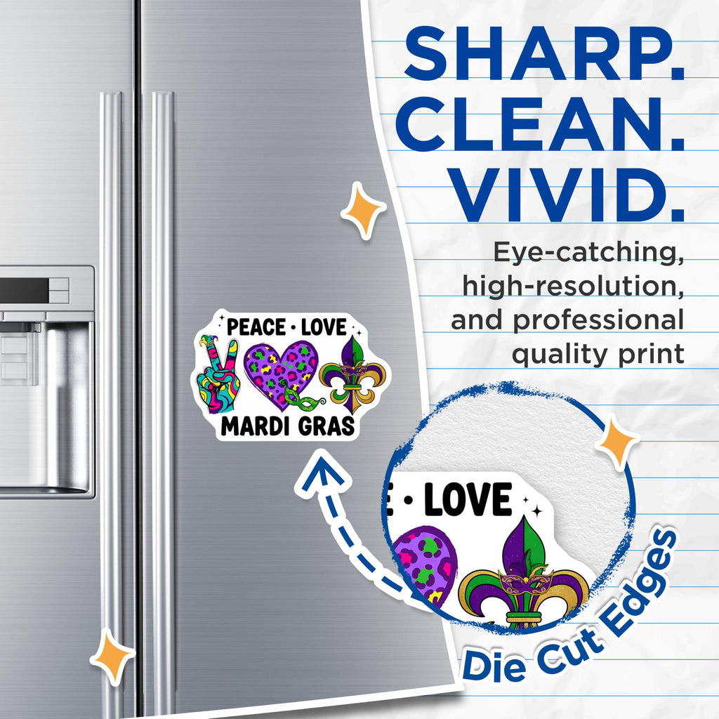(2 Pack) Mardi Gras Magnets - Peace Love Mardi Gras - Celebration Decorations - 5" On Longest Side - Premium Magnet - for Cars, Refrigerators, Toolboxes, Lockers - Made in USA - MAG14623