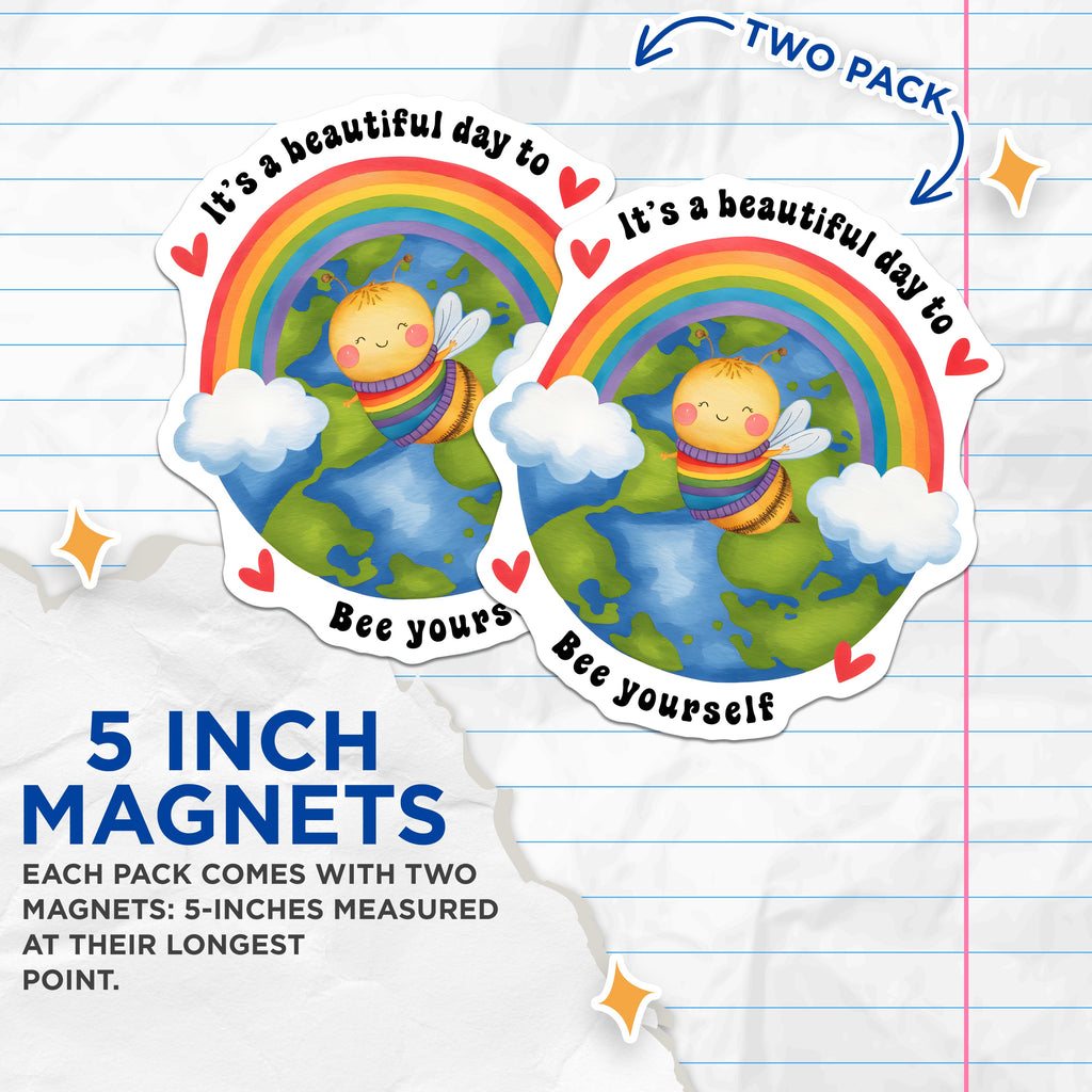 (2 Pack) Cute Bee Magnets - Rainbow Earth Decor - Inspirational Self Love Affirmation Magnet for Fridge Locker - 5 Inches On Longest Side - Thick Durable Magnet - Made in USA - MAG36434