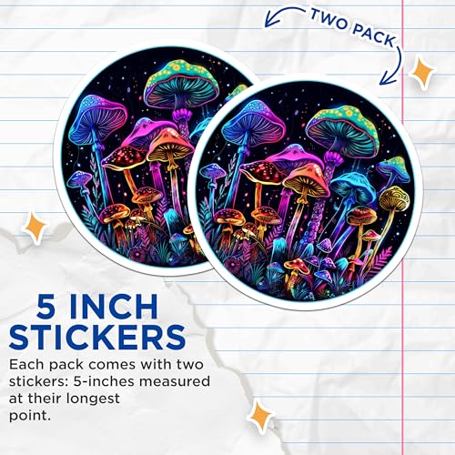 (2 Pack) Psychedelic Mushroom Stickers - Colorful Fungus Art - Trippy Forest Scene - 5" On Longest Side - Sticks to Smooth Flat Surfaces - Made in USA - BMCS6795