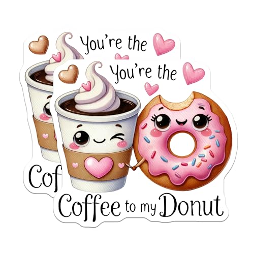 (2 Pack) You're The Coffee to My Donut Stickers - Cute Coffee and Donut Stickers - Adorable Couple Stickers - 5" On Longest Side - Sticks to Any Smooth Flat Surface - Made in USA - BMCS3395