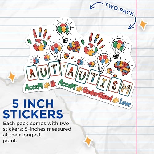 (2 Pack) Autism Awareness Stickers - Accept Understand Love - Puzzle Piece Decals for Laptops - 5" On Longest Side - Sticks to Smooth Flat Surfaces - Made in USA - BMCS9700