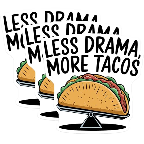 (3 Pack) Less Drama More Tacos Decals - Funny Foodie - Laptop Decal - 3 Inches On Longest Side - Easy Peel & Apply - Made in USA - 3MCS4540