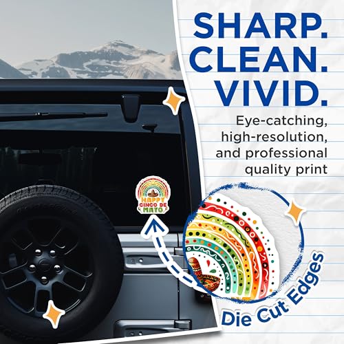 (2 Pack) Happy Cinco de Mayo Stickers - Fiesta Decoration - Mexican Party Decor - 5" On Longest Side - Sticks to Smooth Flat Surfaces - Made in USA - BMCS8223
