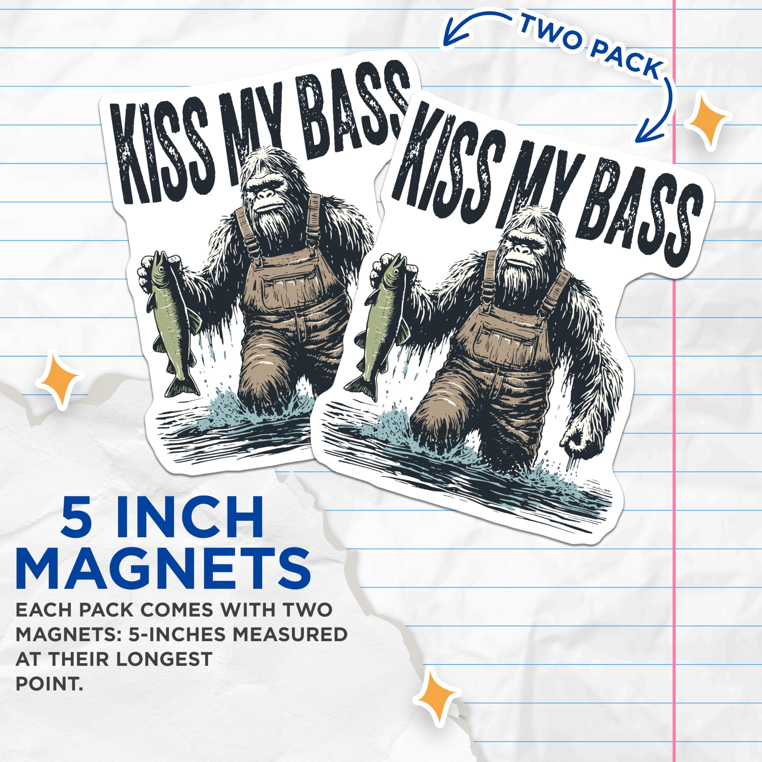 (2 Pack) Kiss My Bass Magnets - Hilarious Bigfoot Fishing Enthusiast - Sasquatch Angler Humor - Outdoor Lake Cabin Decor - 5 Inches On Longest Side - Thick Durable Magnet - Made in USA - MAG23182