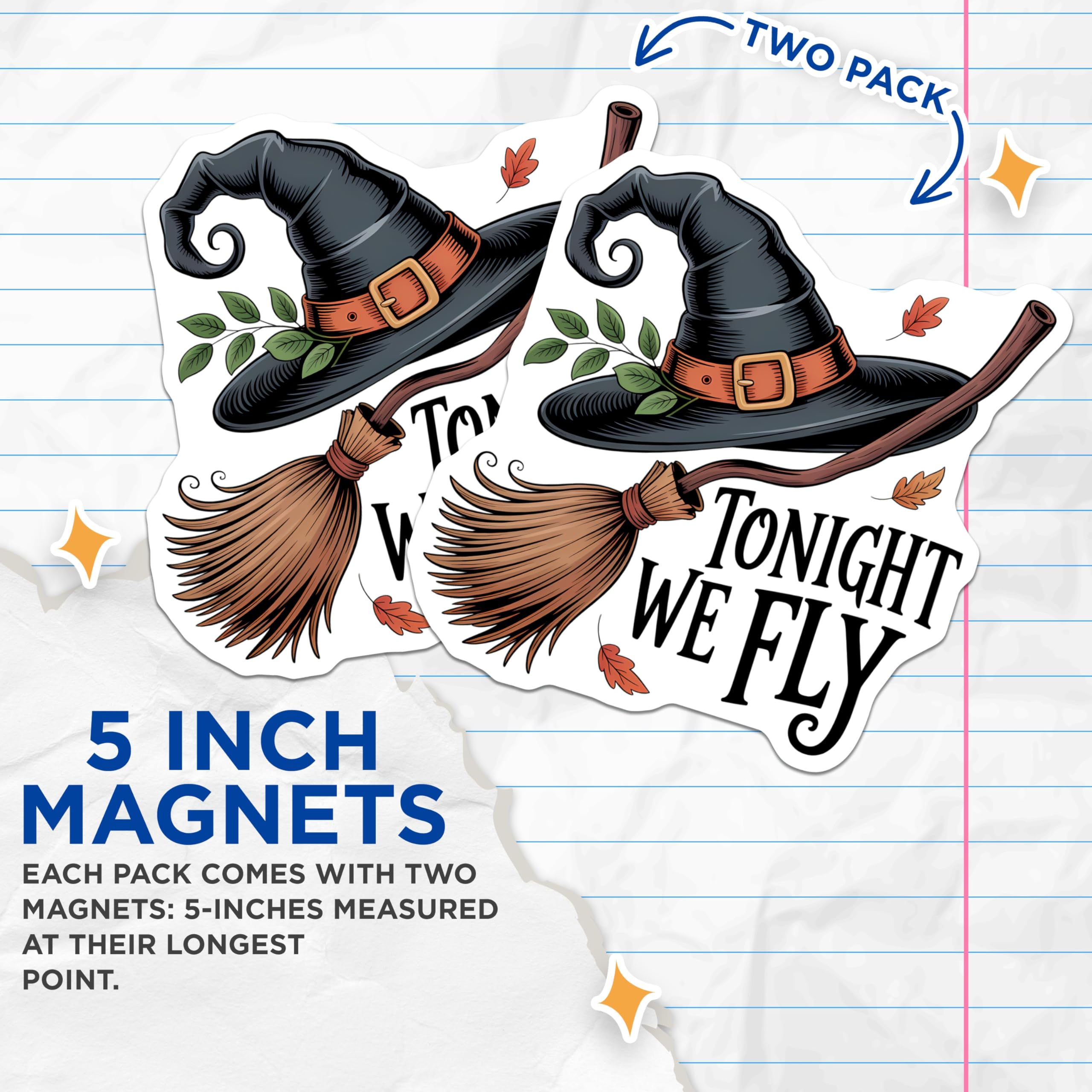 (2 Pack) Witch Hat Broom Magnets - Tonight We Fly Quote Decor - Halloween Season - Spooky Witchy Refrigerator Magnet - 5 Inches On Longest Side - Thick Durable Magnet - Made in USA - MAG20270