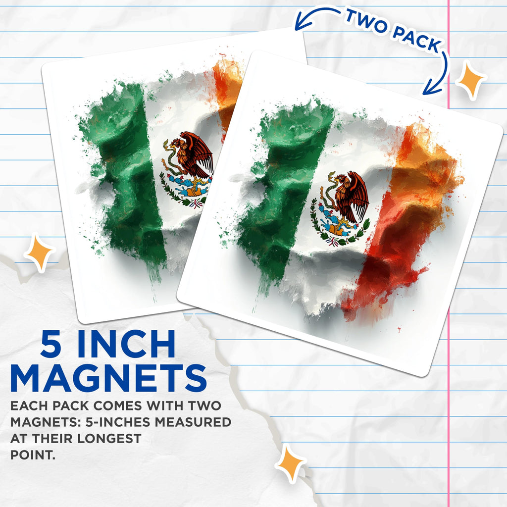 (2 Pack) Mexican Flag Magnets - Brush Stroke Design - Mexico National Symbol - Patriotic Decor - 5 Inches On Longest Side - Thick Durable Magnet - Made in USA - MAG25351