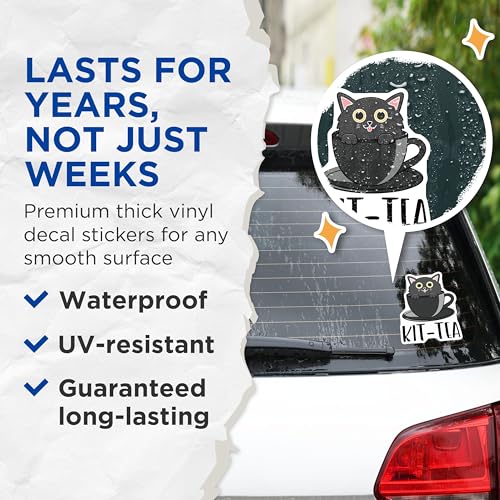 (2 Pack) Cute Cat Stickers - Funny Kit Tea Stickers - Black Cat in Teacup Decal - 5" On Longest Side - Sticks to Smooth Flat Surfaces - Made in USA - BMCS4807