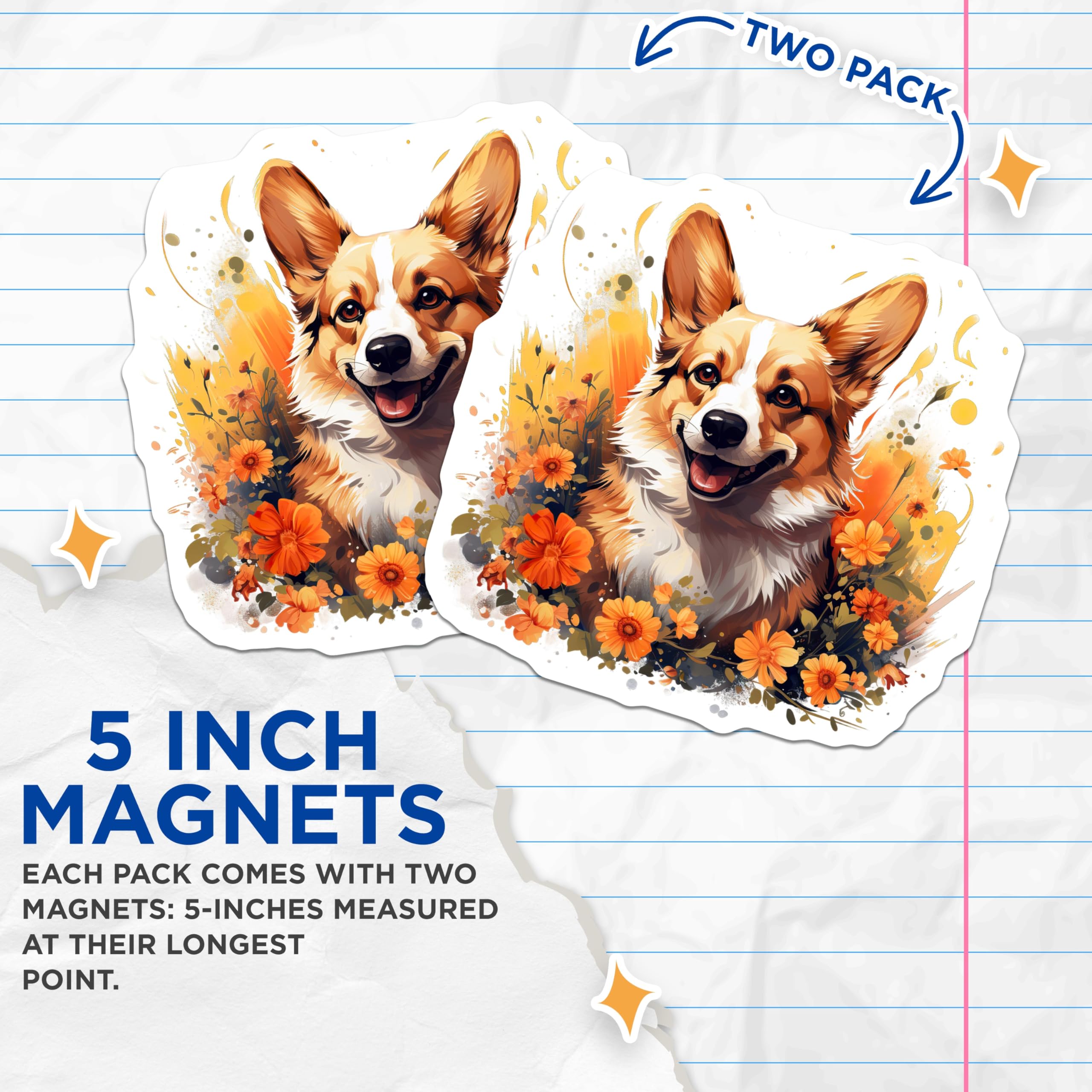 (2 Pack) Happy Corgi Dog Magnets - Floral Pet Lover - Animal Art Fridge Decor - 5 Inches On Longest Side - Thick Durable Magnet - Made in USA - MAG25886