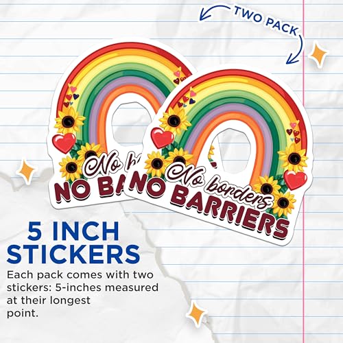 (2 Pack) Rainbow Pride Stickers - No Borders No Barriers - 5" On Longest Side - Sticks to Smooth Flat Surfaces - Made in USA - BMCS9195 - BMCS9195