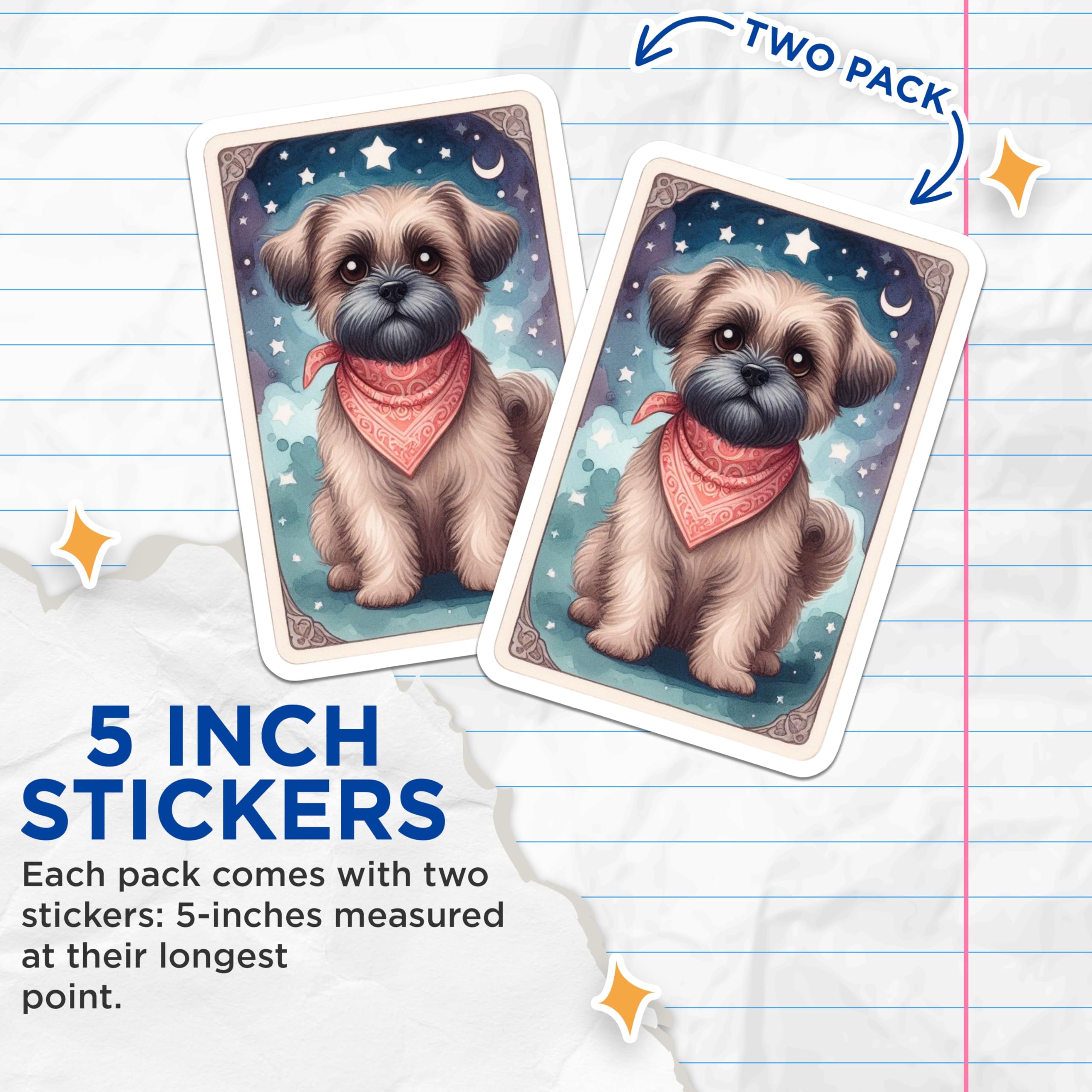 (2 Pack) Cute Fluffy Dog Stickers - Starry Night Sky Art - Whimsical Puppy Decals - 5" On Longest Side - Sticks to Smooth Flat Surfaces - Made in USA - BMCS20960