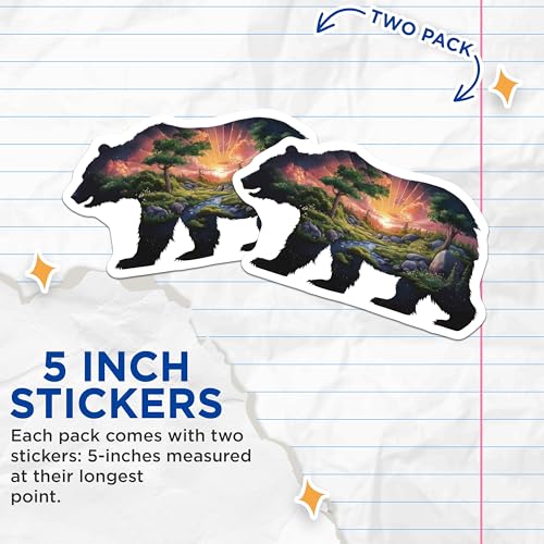 (2 Pack) Bear Nature Scene Stickers - Wildlife Art Sticker - Outdoor Adventure Decal - 5" On Longest Side - Sticks to Smooth Flat Surfaces - Made in USA - BMCS7119