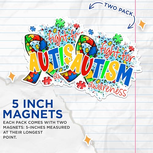 (2 Pack) Autism Awareness Magnets - Fight for Autism Magnets - Colorful Ribbon Magnets- 5" On Longest Side - for Fridges, Toolboxes, Cars - Made in USA - MAG2981