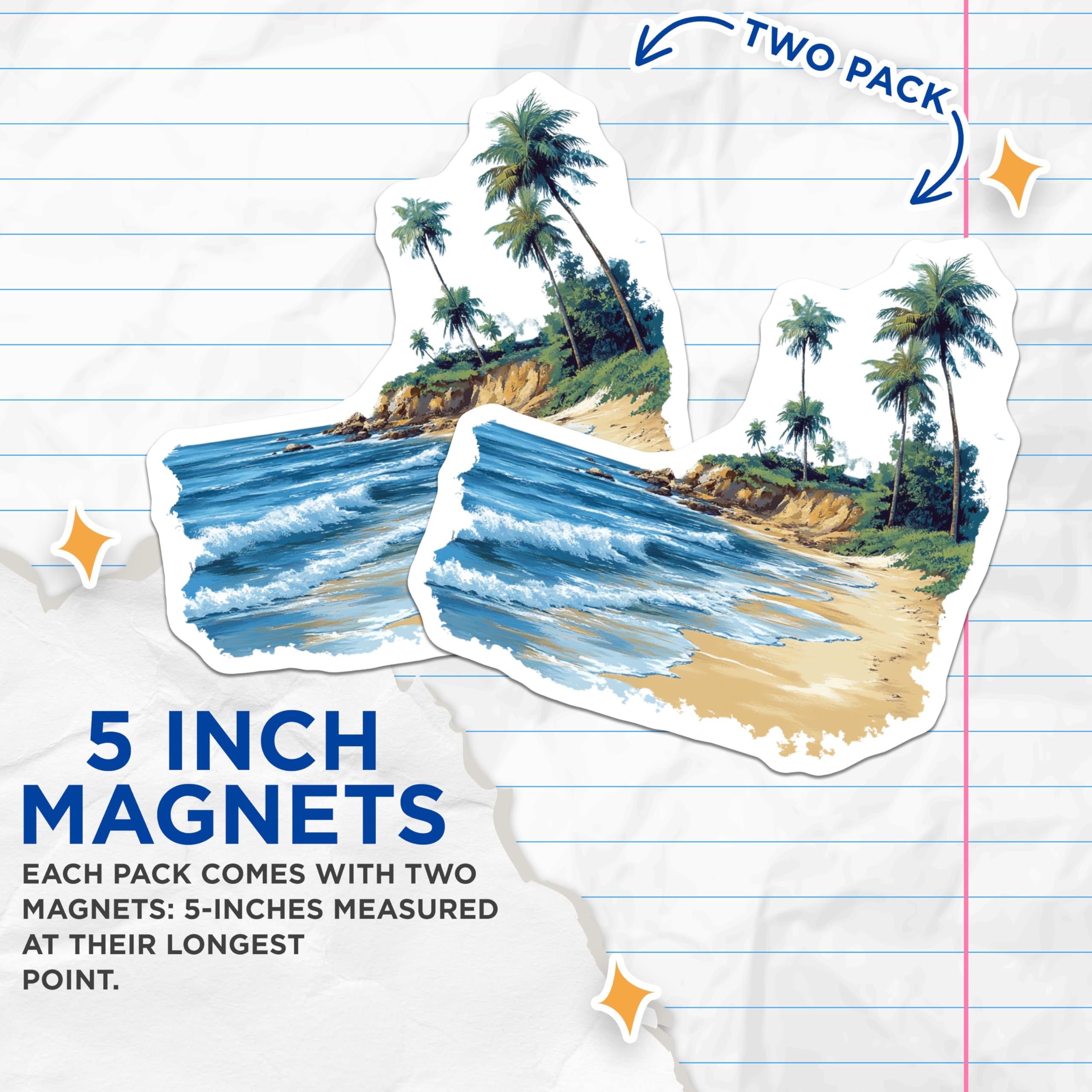 (2 Pack) Tropical Beach Magnets - Ocean Wave Decor - Palm Tree Landscape Art - 5 Inches On Longest Side - Thick Durable Magnet - Made in USA - MAG26704