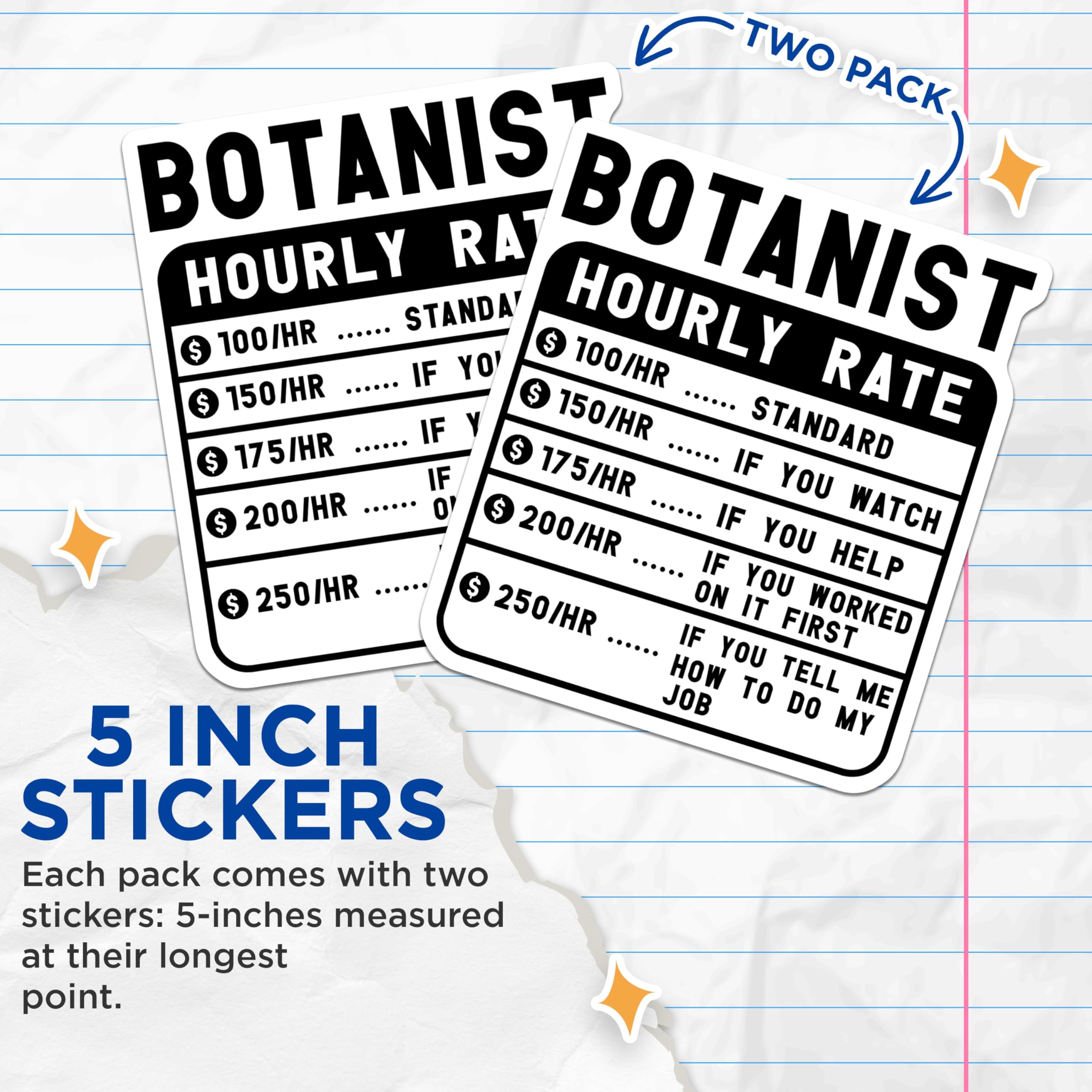 (2 Pack) Botanist Hourly Rate Stickers - Funny Botanist Stickers - Plant Lover Humor Stickers - 5" On Longest Side - Sticks to Smooth Flat Surfaces - Made in USA - BMCS4921