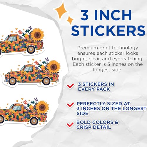 (3 Pack) Autism Awareness Decals - Puzzle Truck - Sunflower Car Decals - 3 Inches On Longest Side - Easy Peel & Apply - Made in USA - 3MCS8611