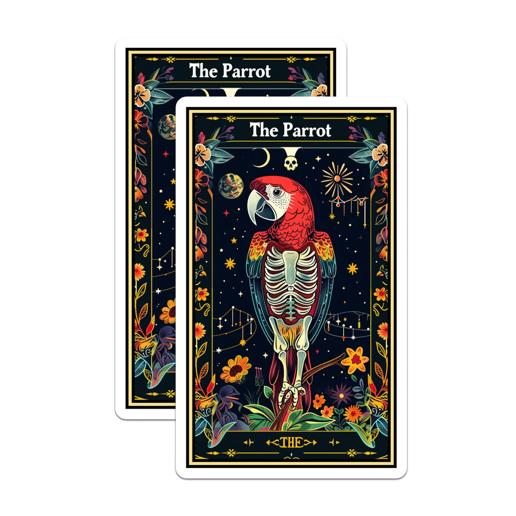 (2 Pack) Parrot Tarot Card Stickers - Colorful Parrot Stickers - Skeleton Parrot Art Stickers - 5" On Longest Side - Sticks to Smooth Flat Surfaces - Made in USA - BMCS3684