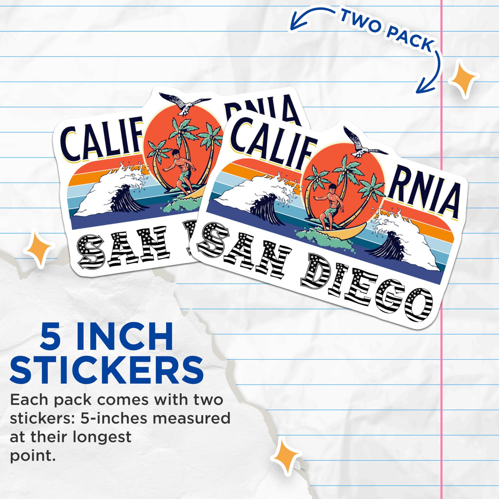 (2 Pack) San Diego California Stickers - Surfing Stickers - Retro Travel Decals - 5" On Longest Side - Sticks to Smooth Flat Surfaces - Made in USA - BMCS17164