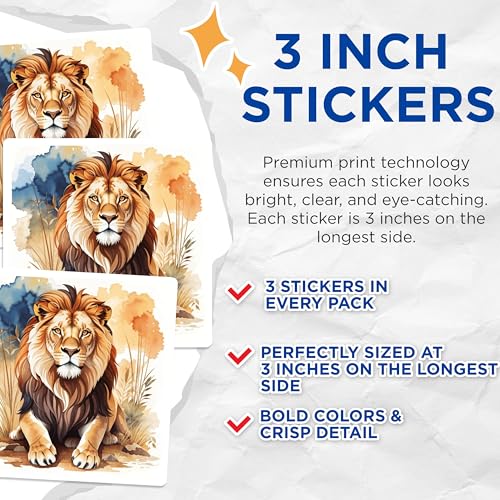 (3 Pack) Lion Decals - Watercolor Lion - Laptop Decal - Animal Decal - 3 Inches On Longest Side - Easy Peel & Apply - Made in USA - 3MCS7458