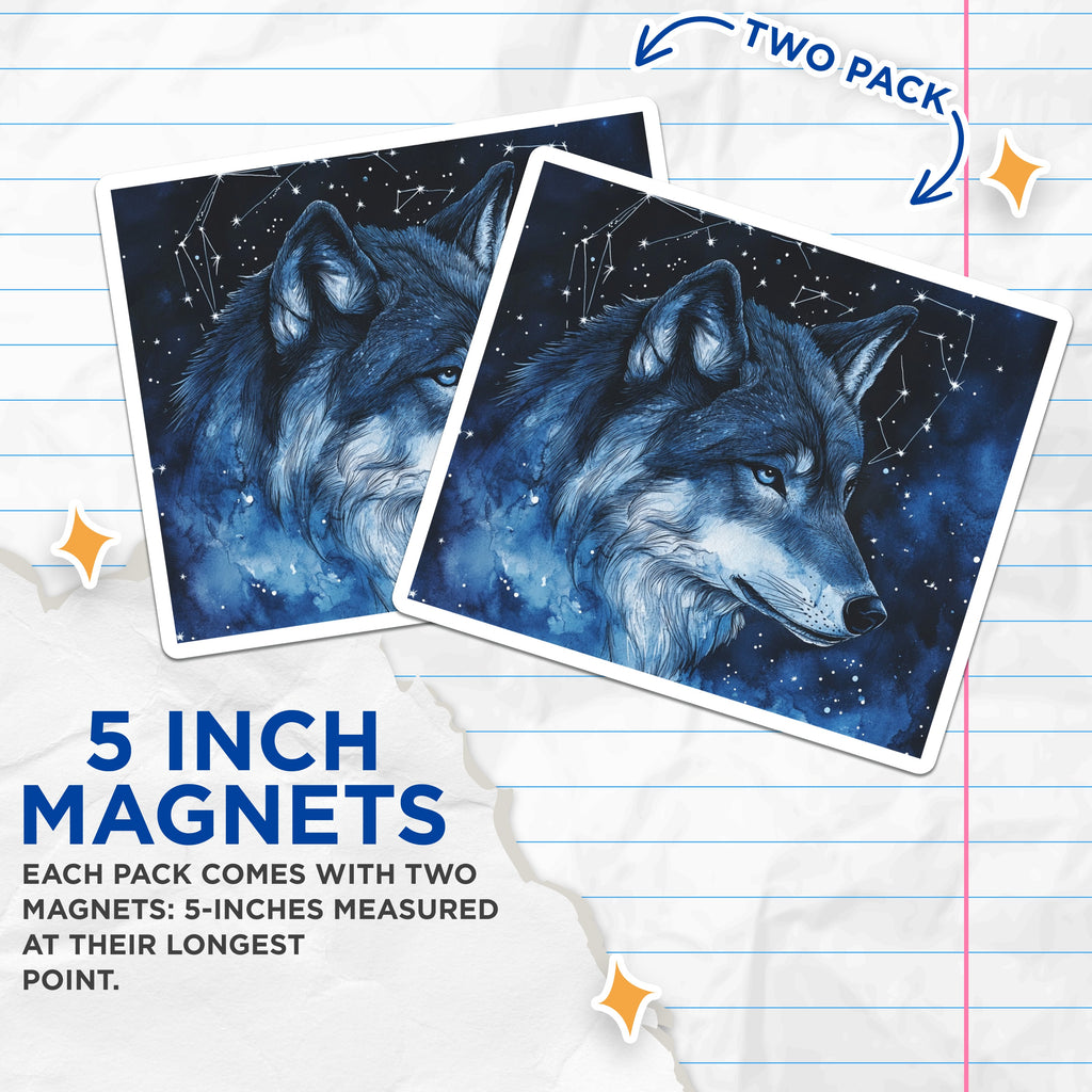 (2 Pack) Wolf Magnets - Starry Night Decor - Cosmic Animal Art - Mystical Wildlife Fridge Decor - 5 Inches On Longest Side - Thick Durable Magnet - Made in USA - MAG37636