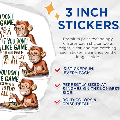 (3 Pack) Funny Monkey Chess Decals - Gamer Quote - Laptop Decal - 3 Inches On Longest Side - Easy Peel & Apply - Made in USA - 3MCS4825